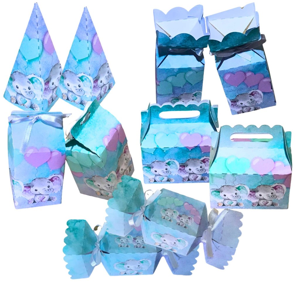 Kit 10 lembrancinhas Personalizadas chá revelação verde e lilas Tema Elefante