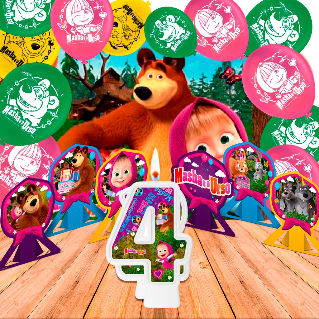 Kit festa Masha e o Urso Display +Painel + Bexigas + vela 4