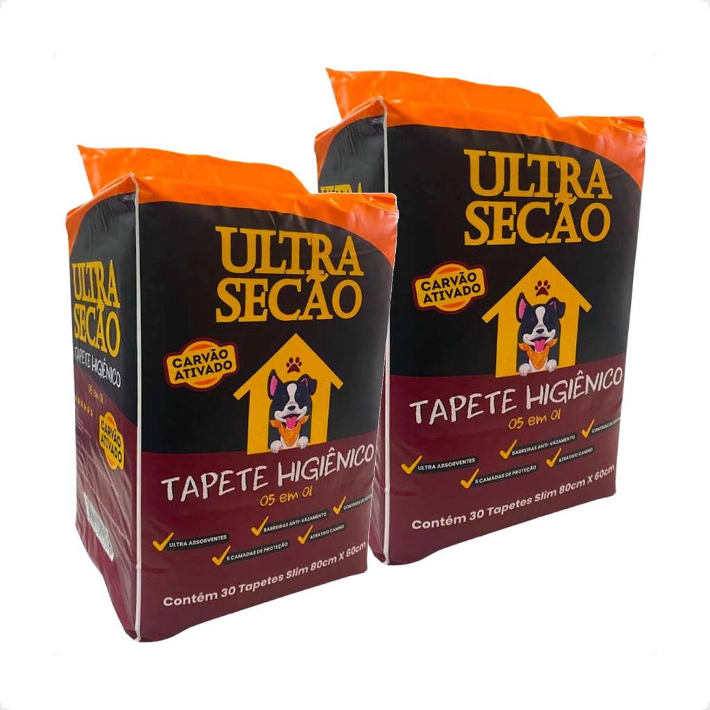 Kit 2 Tapete Higiênico Ultra Secão Carvão Ativado 80x60 para Cães - 30 Unidades