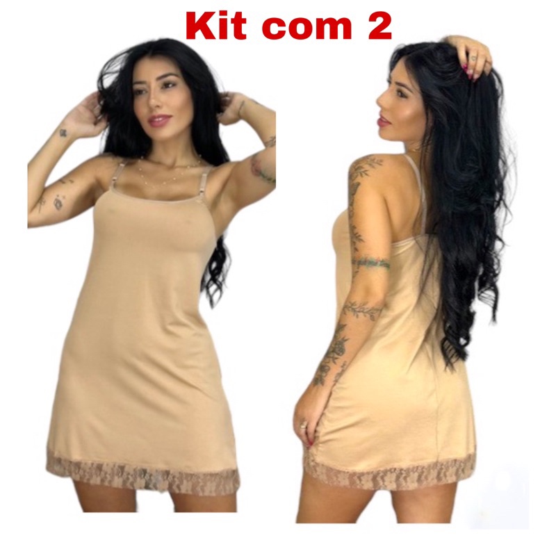 Kit 2 Vestido Anágua Feminino Segunda Pele Alcinha Renda Moda Íntima Conforto Sobre Pele Adulto