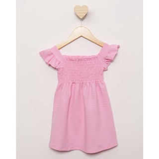Vestido Bebê Manga Curta Babado Lastex Texturizado Rosa