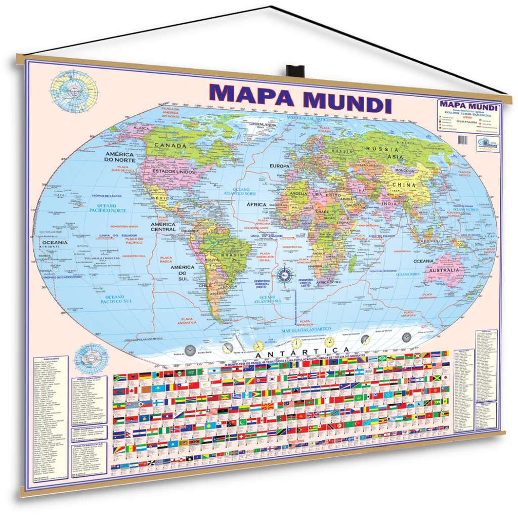 Banner Mapa Mundi Politico Escolar Bandeiras Planisfério Geográfico Geografia Pôster