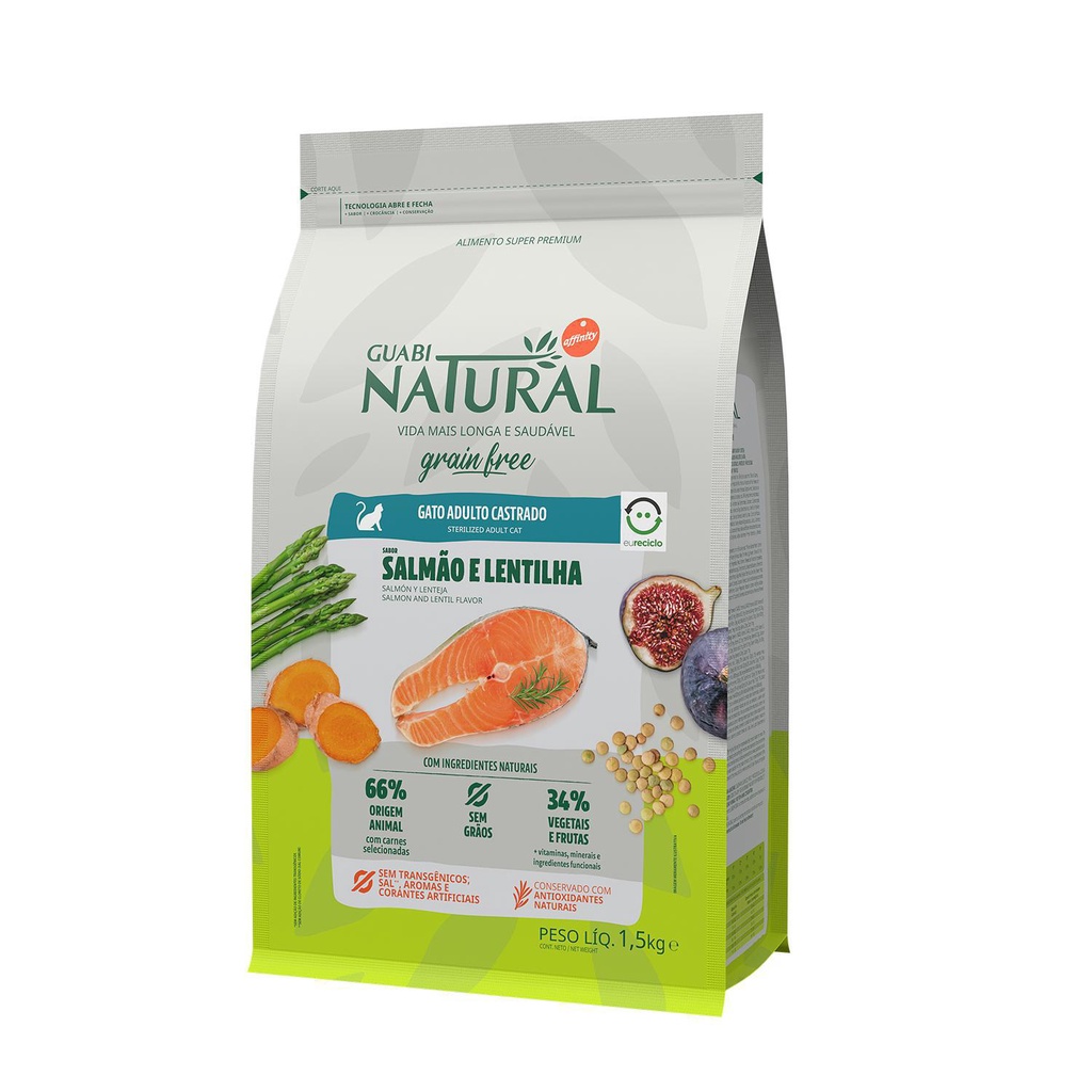 Ração Guabi Natural Grain Free para Gatos Adultos Castrados Salmão e Lentilha 1,5kg