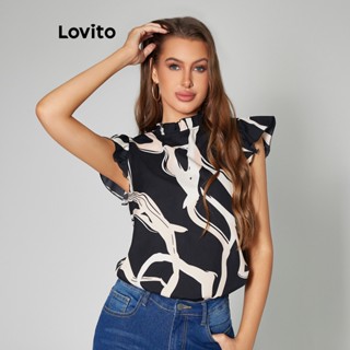 Lovito Casual Blusa Feminina Geométrica com Manga de Babados LBA05008 (Preto)