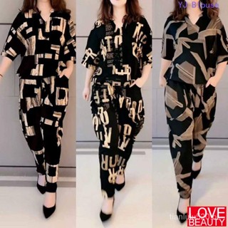 [Conjunto] Mulheres Plus Size Impresso Floral Suit Hight Manga Cintura Calças Compridas Two Piece Ternos Blusa