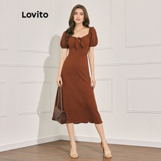 Lovito Vestido Casual De Bolinhas Com Recorte E Manga Bufante Para Mulheres L47LD033 (Marrom Ferrugem)