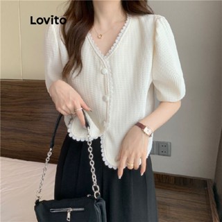 Lovito Blusa Feminina Casual Com Botões Frontais Texturizados E Renda Contrastante LNA04042 (Branco)