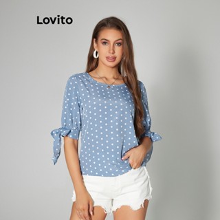Lovito Casual Blusa Feminina de Bolinhas Amarrada LBA05039 (Azul)
