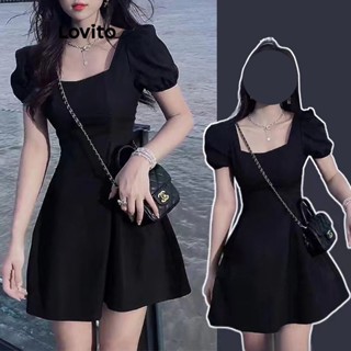 Lovito Casual Vestido com Mangas Bufantes e Babados para Mulheres LNA20048 (Preto)