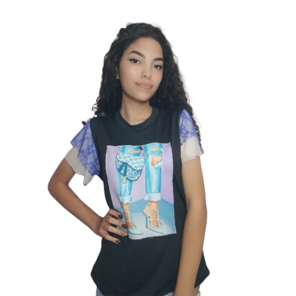 Blusa T-shirt Com Estampa e Renda Nas Mangas Escrita Moda Envagelica