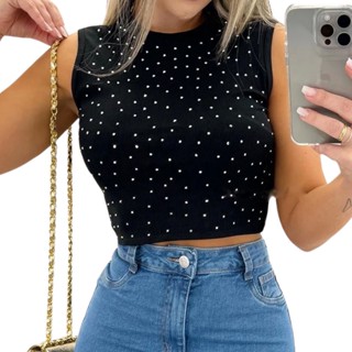 Cropped Blusa Regata Brilho Strass Branca Vermelha Verão Feminina