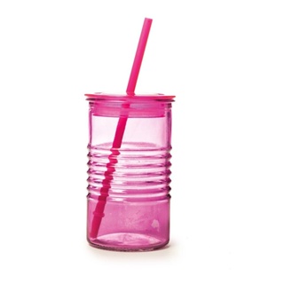 Copo de Vidro Modelo Joy na Cor Rosa 400ml com Tampa e Canudo para Refrigerantes e Refrescos em Oferta na Shopee