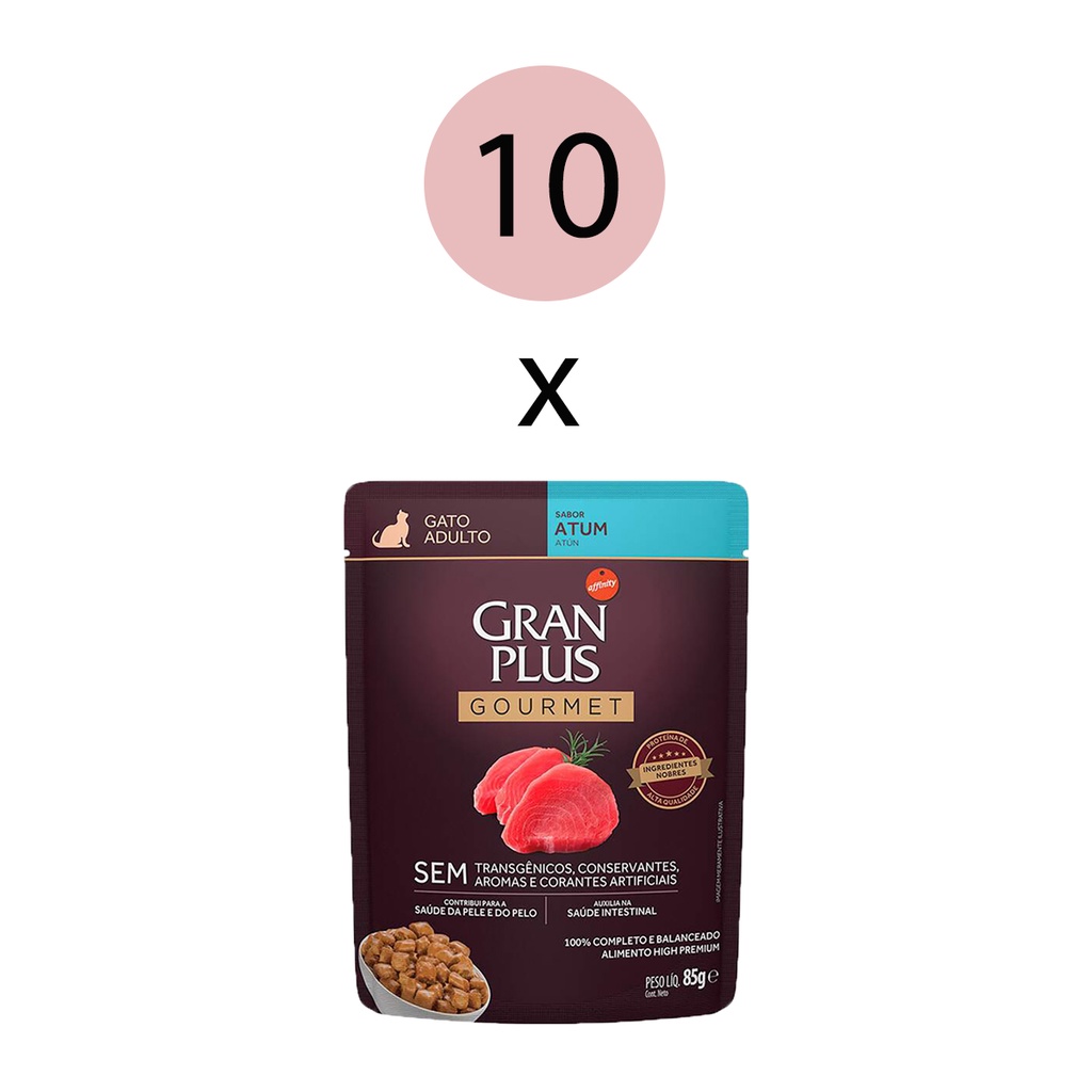 KIT 10 Ração Úmida Gran Plus Gourmet Gatos Adultos Atum Sachê 85g em Oferta na Shopee