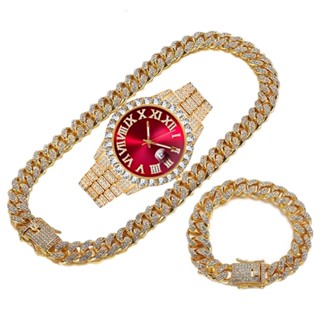 Relógio Conjunto De Jóias Colar Cubano Hip Hop Pulseira Corrente Cubana Com Diamante + 20cm + 50cm Cha Para Homens