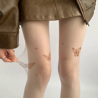 Y2K Tatuagem Impressa Borboleta Meias Cor Da Pele Coxas Lolita Kawaii Meia-Calça Fofa em Oferta na Shopee