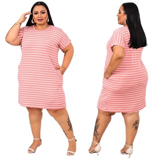 Vestido Feminino Plus Size Camisão Com Bolsos Listrados em Malha Maravilhosa, Gestantes no Dia a Dia 2777
