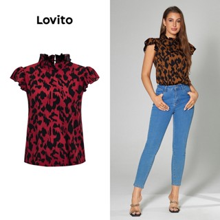 Lovito Casual Blusa Feminina Geométrica com Manga de Babados LBA05015 (Multicolorido)