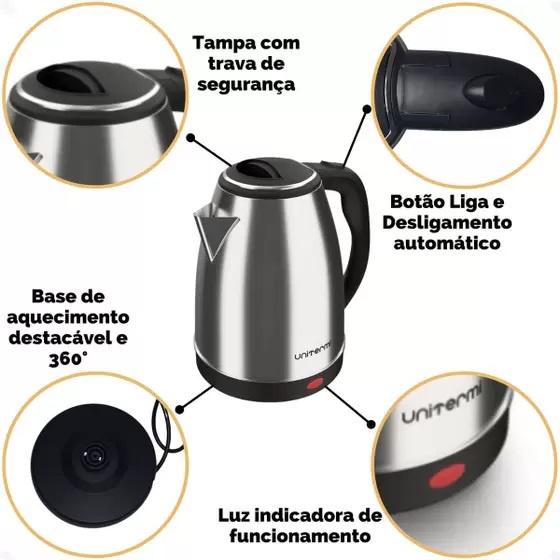 Chaleira Elétrica 1.8L Unitermi Atacama Prateada 110v Aquecimento Rápido Desligamento Automático