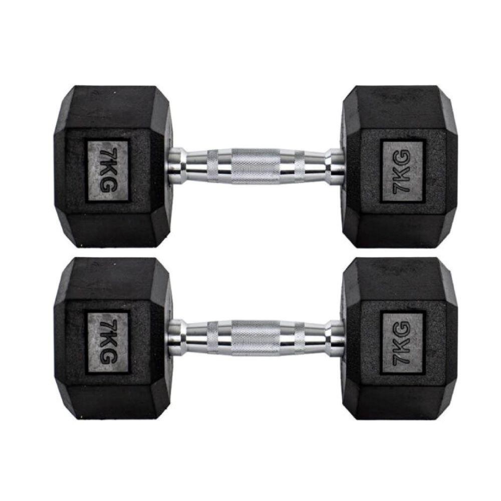 Par Halteres 7kg + 7kg Dumbbell Sextavado Emborrachado Pegada Cromada Gallant (G