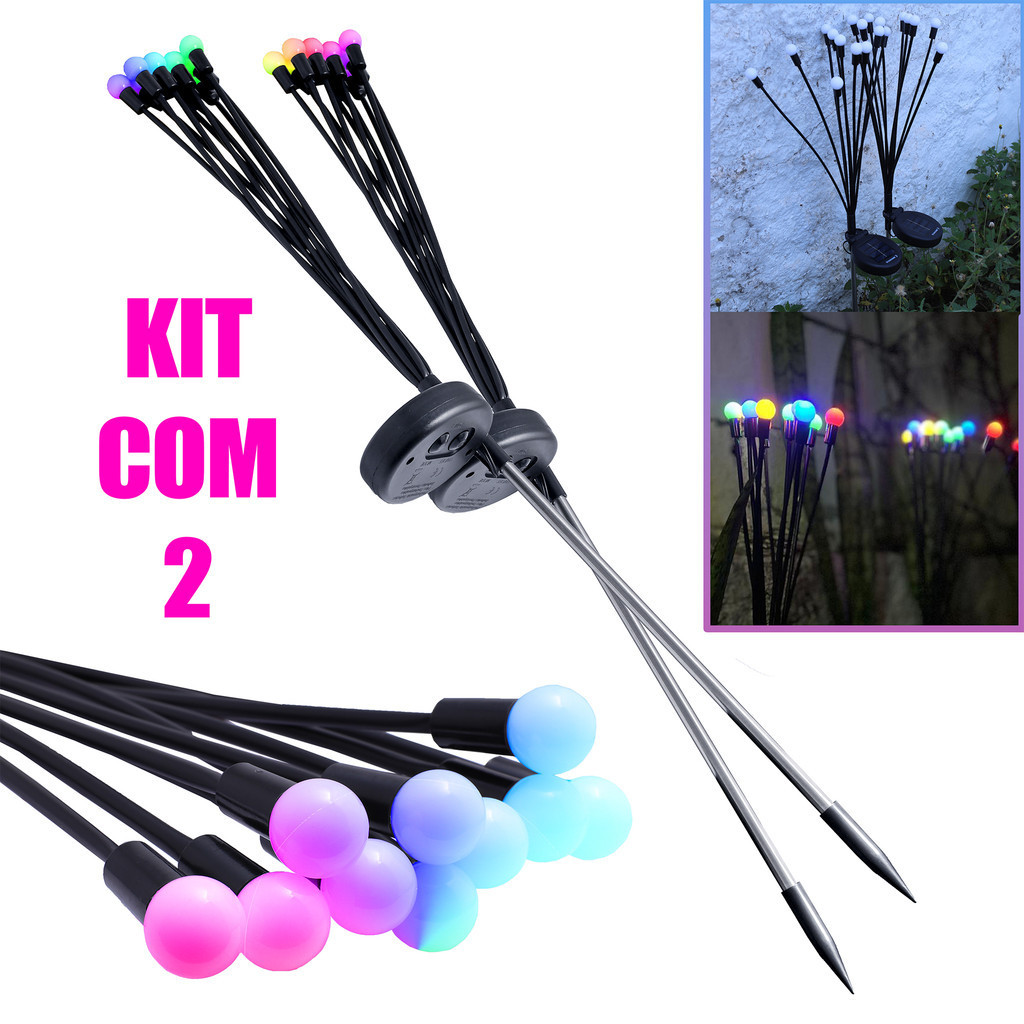 Kit 2 Luminárias De Jardim Com Placa Carregamento Solar A prova D'água Led Estilo Vagalume Espeto Resistente Decoração