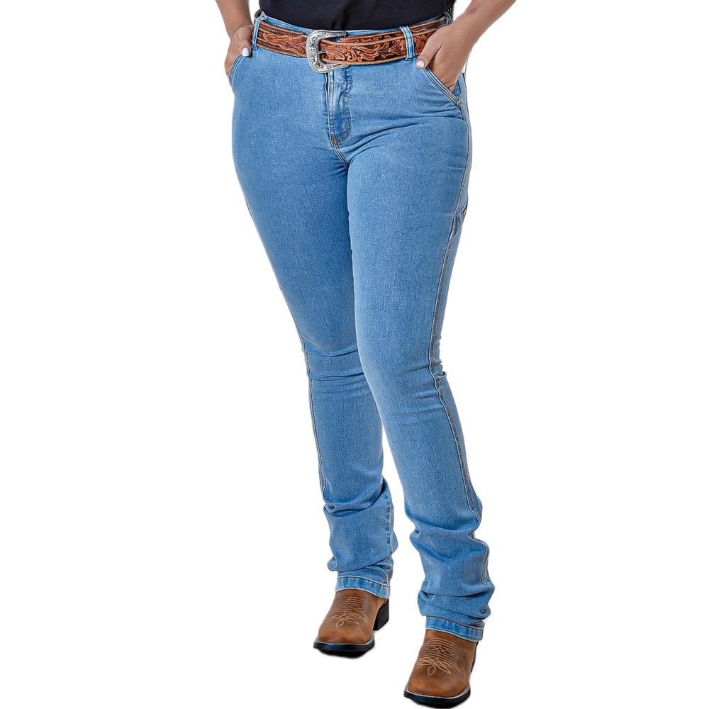 Calça Jeans Feminina Carpinteira Country Destroyed Médio Rodeo Farm