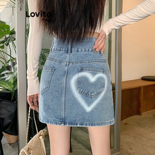 Lovito Casual Saia Feminina Jeans Lavada Curta de Coração com Bolso LNE24166 (Azul)