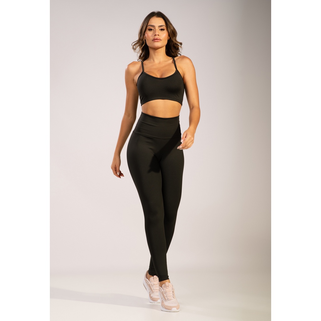 Conjunto Top e Calça Fitness Bella Fiore Modas Alça Fina Nadador Cintura Alta