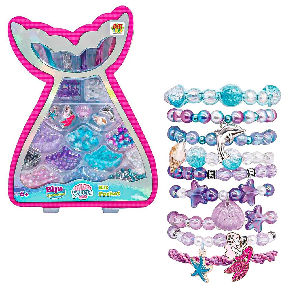 Kit Maleta Infantil De Micangas Para Fazer Colares Pulseiras Coloridas Sereia Bijuterias Biju Collection Com Pingentes - Dm Toys