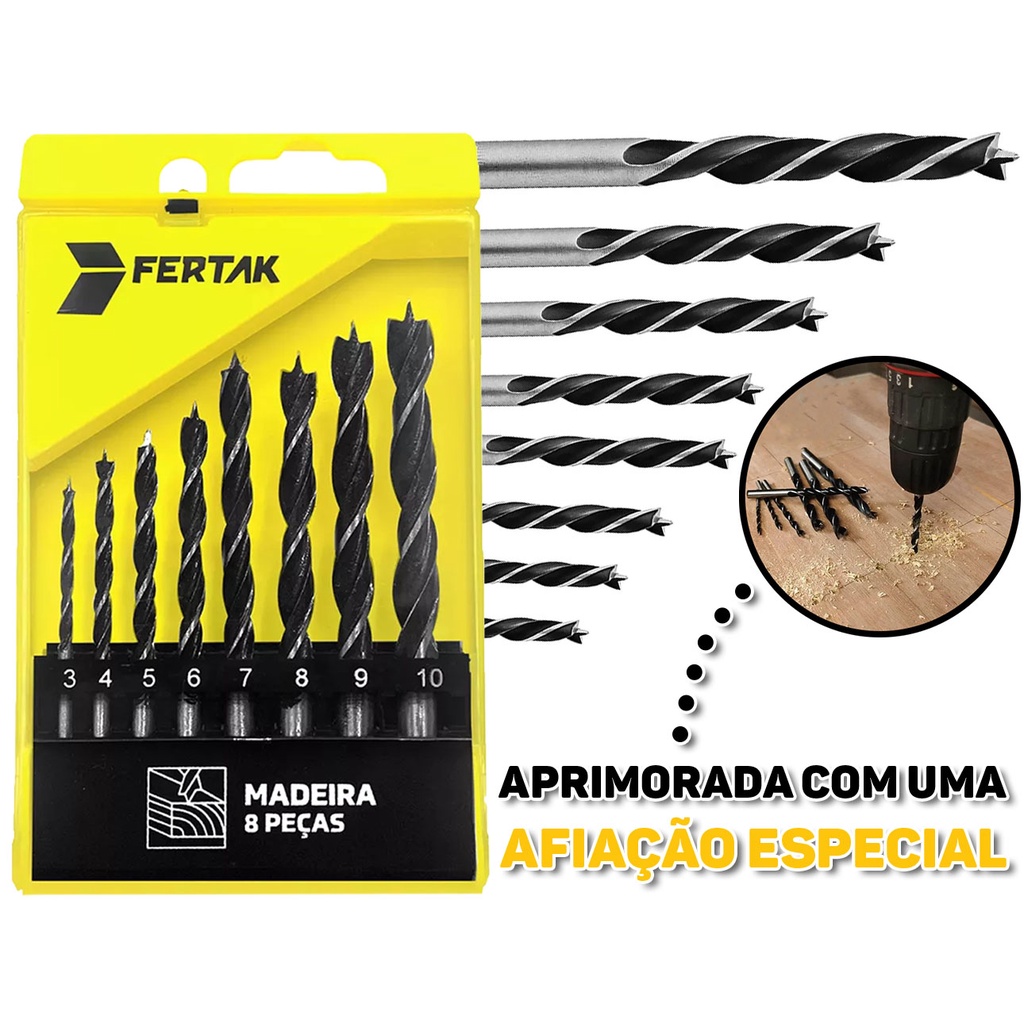 Jogo De Brocas 8 Peças C/ Estojo Furar Madeira Maciça Mdf Aço 3 a 10mm Para Furadeira Parafusadeira Fertak em Oferta na Shopee
