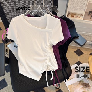 Lovito Plus Size Camiseta Feminina Casual Lisa Básica Assimétrica com Cordão LNE33104 (Branco/Roxo/Preto)