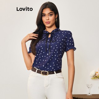 Lovito Casual Blusa Feminina com Estampa de Bolinhas Amarrada LBA05043 (Azul Escuro)