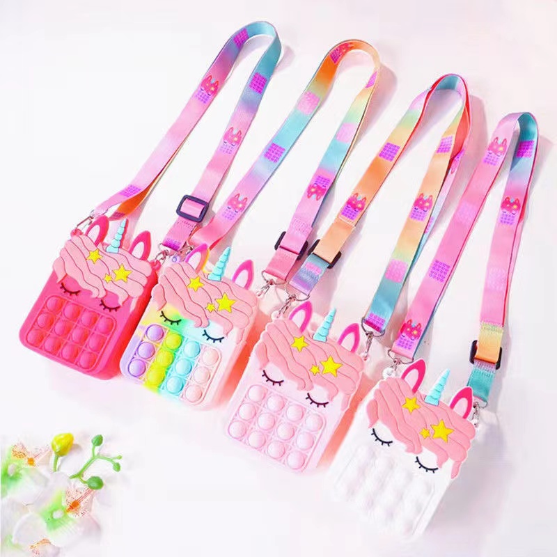 [liquidação]Bolsa Pop It Mochila Infantil De Silicone Unicórnio mini bolsa carteira celular porta moedas
