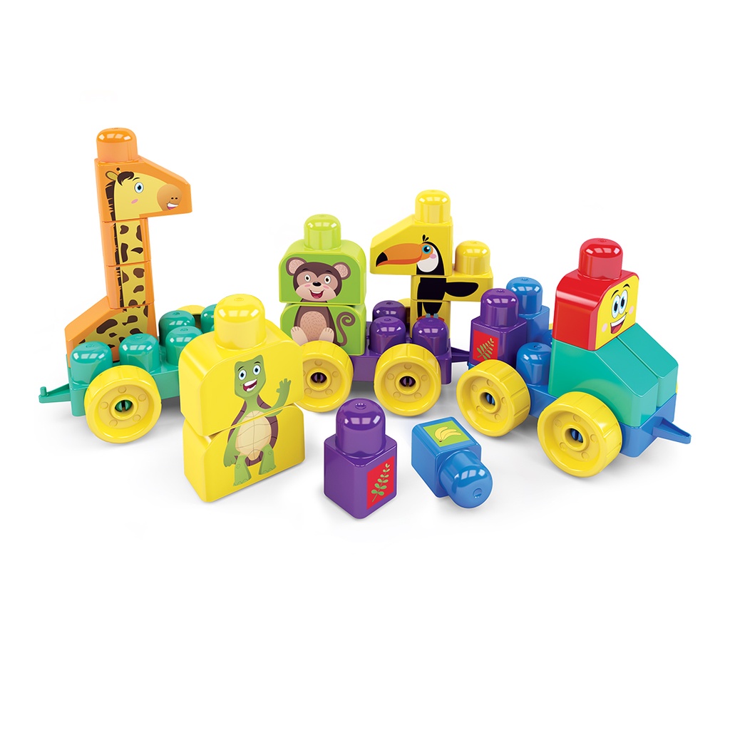 Brinquedo pedagogico Bloco de Encaixe Trem Puxa Zoo Dismat MK362
