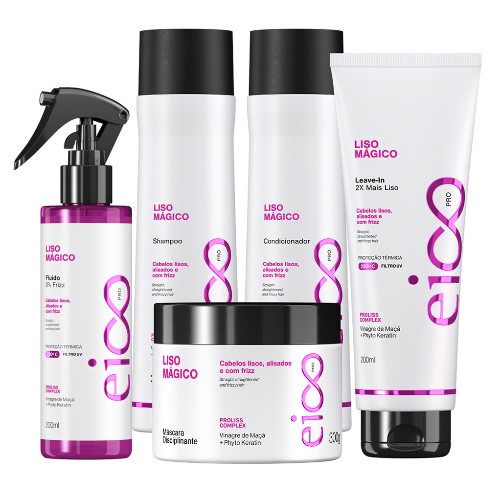 Eico Pro Liso Mágico Shampoo Condicionador Máscara 300g + Creme Leave-in Spray Fluido 200ml