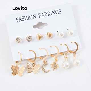 Lovito 6 Pares de Brincos Casuais De Pérolas De Strass L26LD109 (Ouro)