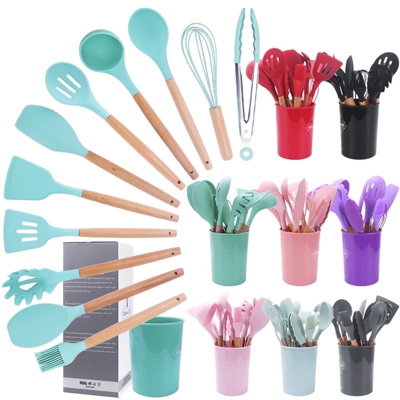 Kit Colher De Silicone Jogo 12 Peças Com Suporte Utensílios De Cozinha Colheres Cabo Madeira Decoração