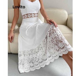 Lovito Vestido Boho Com Costura Em Tecido De Renda Lisa Para Mulheres LNL39020 (Branco)