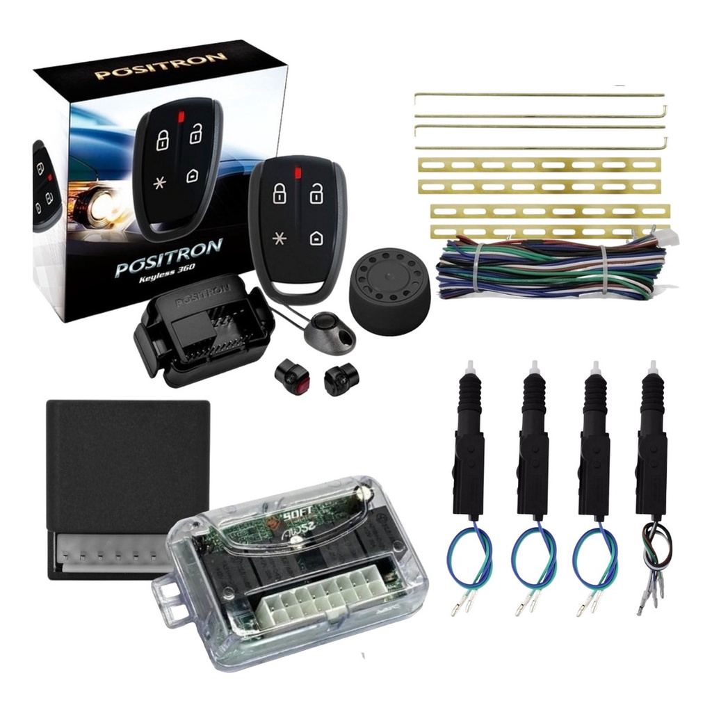 Alarme Positron KL360 + Kit Trava Elétrica Universal 2 ou 4 Portas + Módulo de Vidro AW52 2P