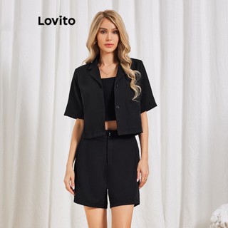 Lovito Conjunto de Shorts com Botões Frontais Simples para Mulheres LBL06062 (Preto)