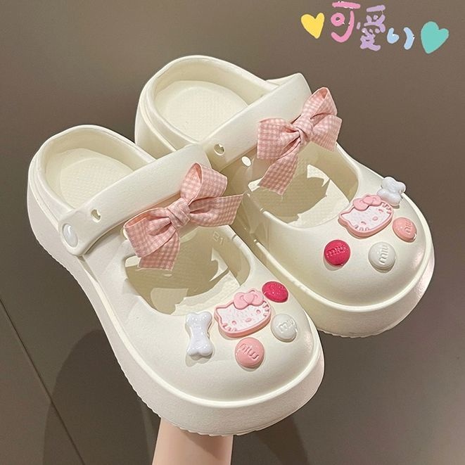 Sandálias femininas fofas Hello Kitty com laço rosa e piso grosso antiderrapante em Oferta na Shopee