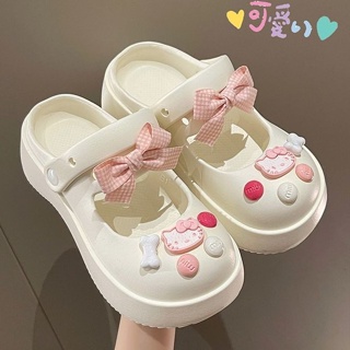 Sandálias femininas fofas Hello Kitty com laço rosa e piso grosso antiderrapante em Oferta na Shopee