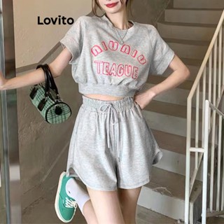 Lovito Casual Conjunto Feminino com Estampa de Texto e Shorts com Bolso LNE24023 (Cinza)