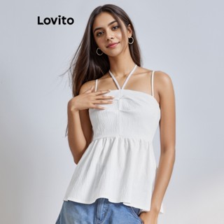 Lovito Casual Lisa Blusa Feminina Sem Manga Plissada com Amarra L64AD027 (Branca)
