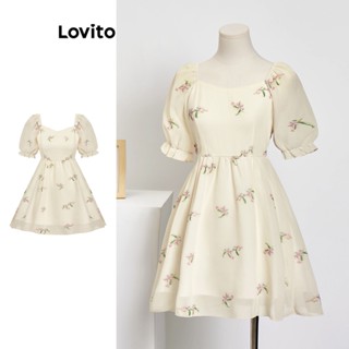 Lovito Boho Vestido Feminino Floral com Camada Dupla e Babados L74ED200