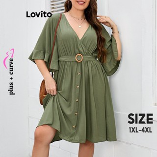 Lovito Vestido Plus Size Curvo Elegante Com Botão Liso Sem Costas Para Mulheres LNL37121 (Verde)