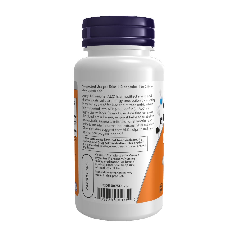 Detalhes do Acetil L-carnitina 500mg Now Foods 50Veg Caps Importado