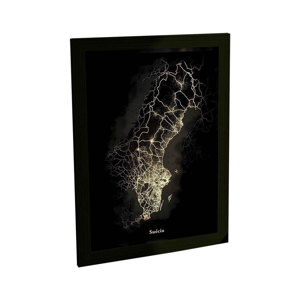 Quadro Decorativo A4 Mapa Suécia Preto E Dourado Luxo Poster