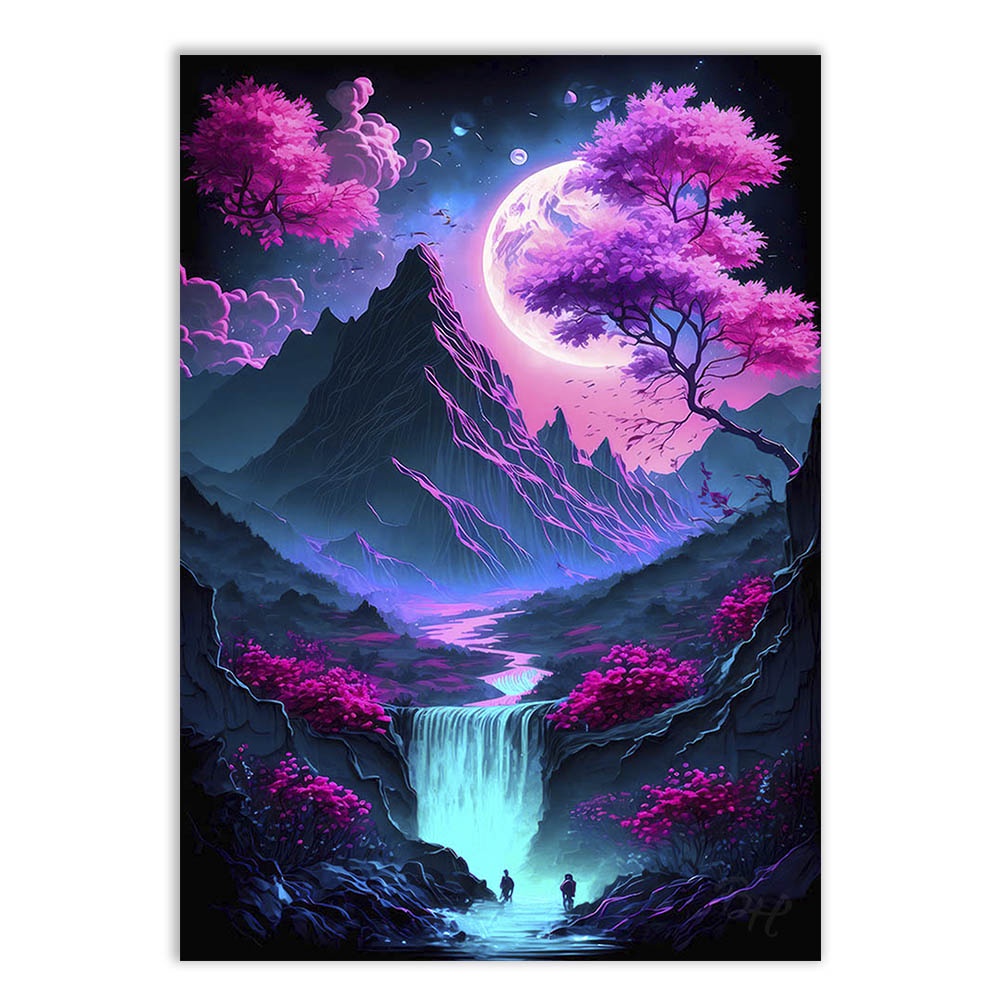 Placa Decorativa Anime Paisagem Cachoeira Montanha Cerejeira V2 Poster Decoração