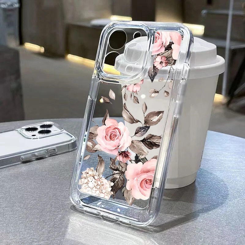 Estojo De Luxo Para Telefone Samsung Galaxy A54 A14 A32 A13 A34 A52S A52 A71 A73 A23 A33 A53 A72 A51 Flores Cor-De-Rosa Tampa Transparente À Prova De Choque
