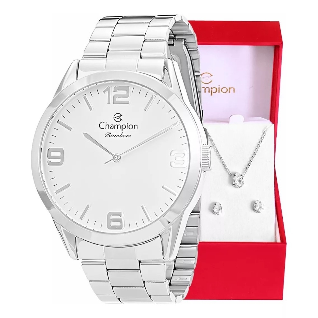Relógio Champion Feminino Analógico Prata + Kit Colar e Brincos Resistência à Água Mulher CN29893C